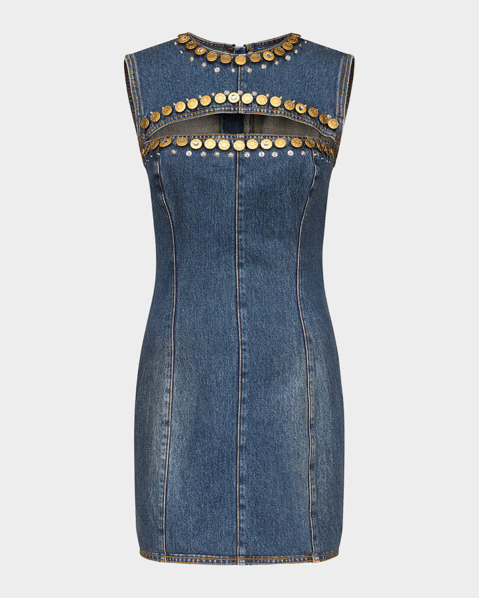 Crystal Button Studded Slit Denim Mini Dress